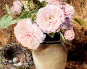 威廉亨利亨特 - Still Life With roses In A vase And A Birds Nest